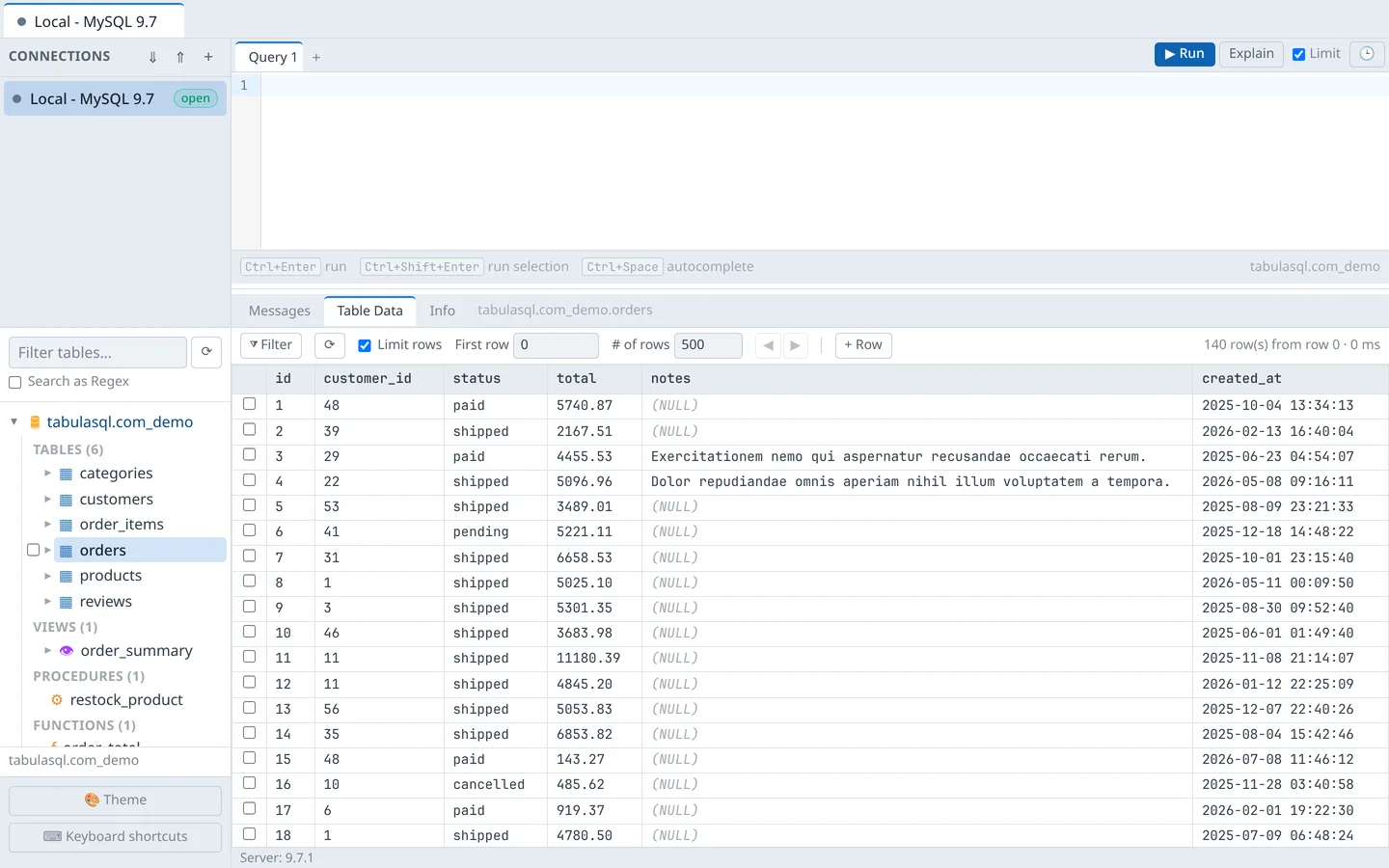 TabulaSQL workspace showing connections, object explorer, SQL editor, and the orders table data grid