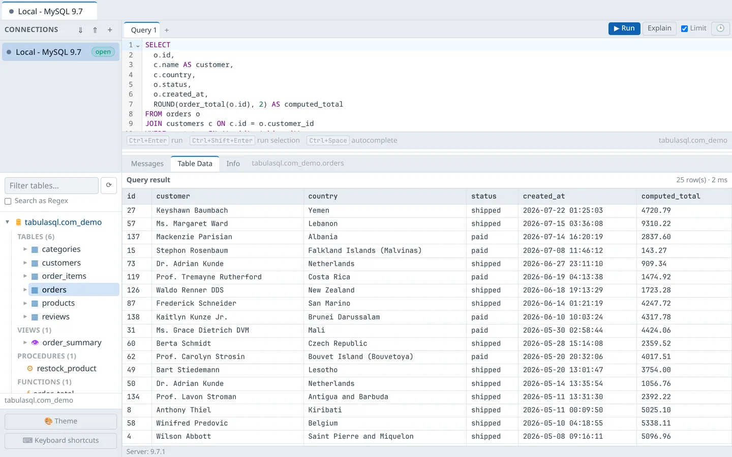 SQL query results with JOIN and stored function