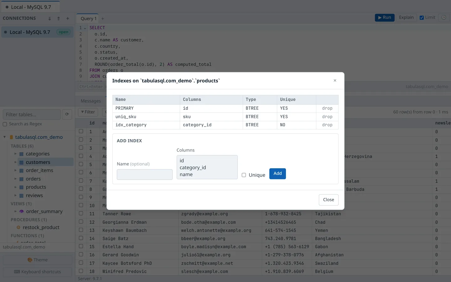 Index manager listing PRIMARY, uniq_sku, and idx_category on products
