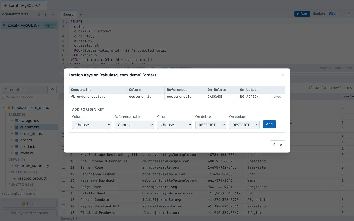 Foreign key manager showing fk_orders_customer referencing customers.id