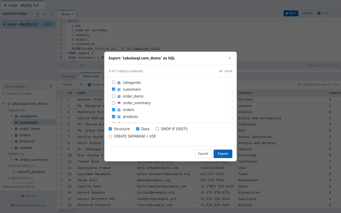 Export wizard with selected tables and structure/data options