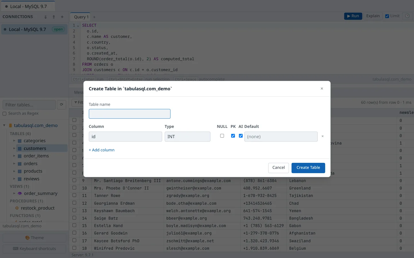 Create Table dialog with column definitions for a new table