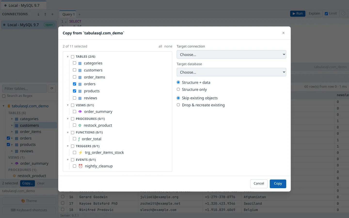 Copy wizard selecting orders and products for cross-database copy