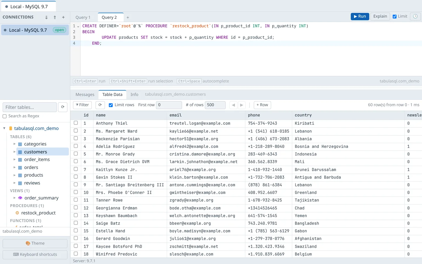 SQL editor showing CREATE PROCEDURE DDL for restock_product