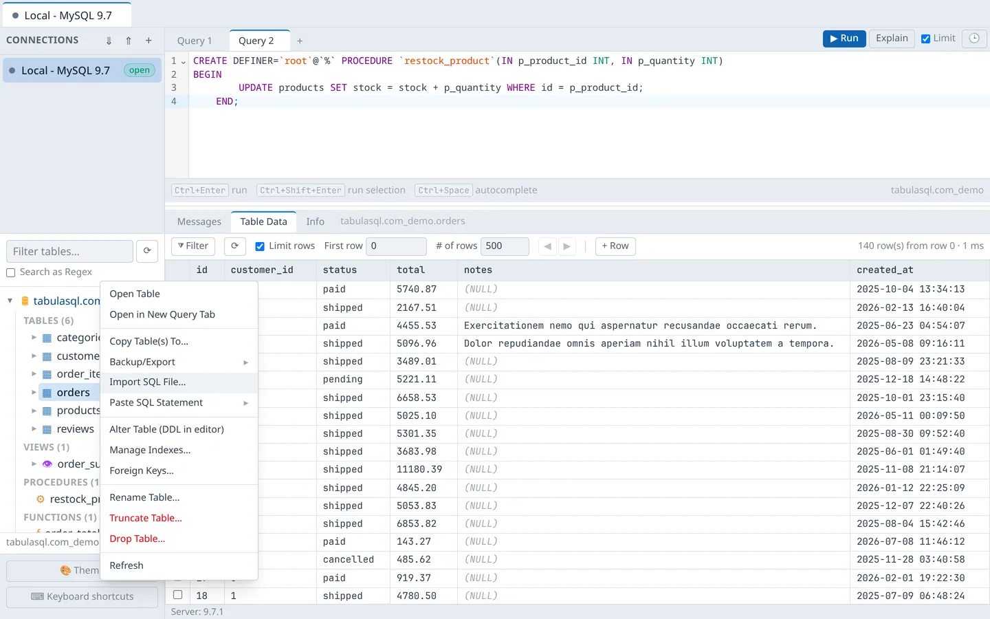 Table context menu with schema actions