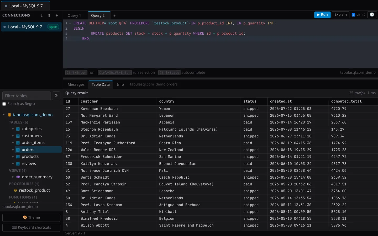 TabulaSQL dark theme showing a JOIN query and spreadsheet-style results