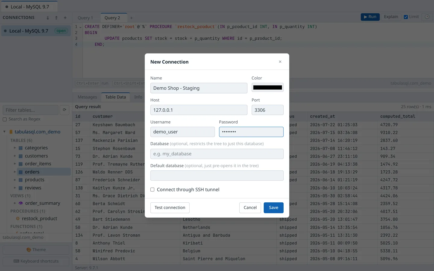 New connection dialog