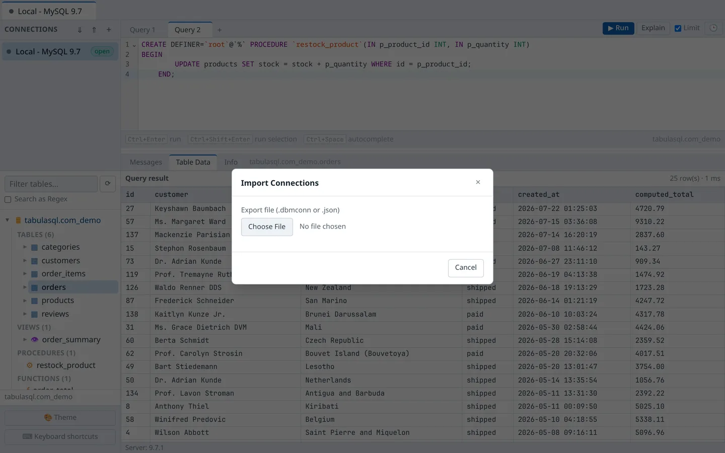 Import Connections dialog ready to choose a .dbmconn or .json file