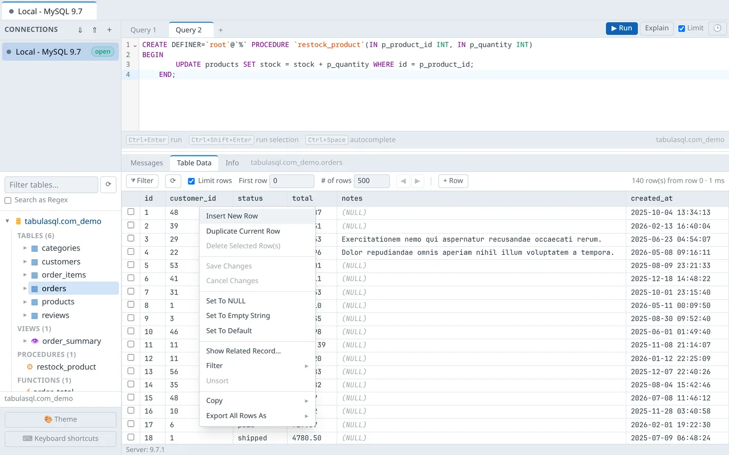Grid cell context menu open over the orders table
