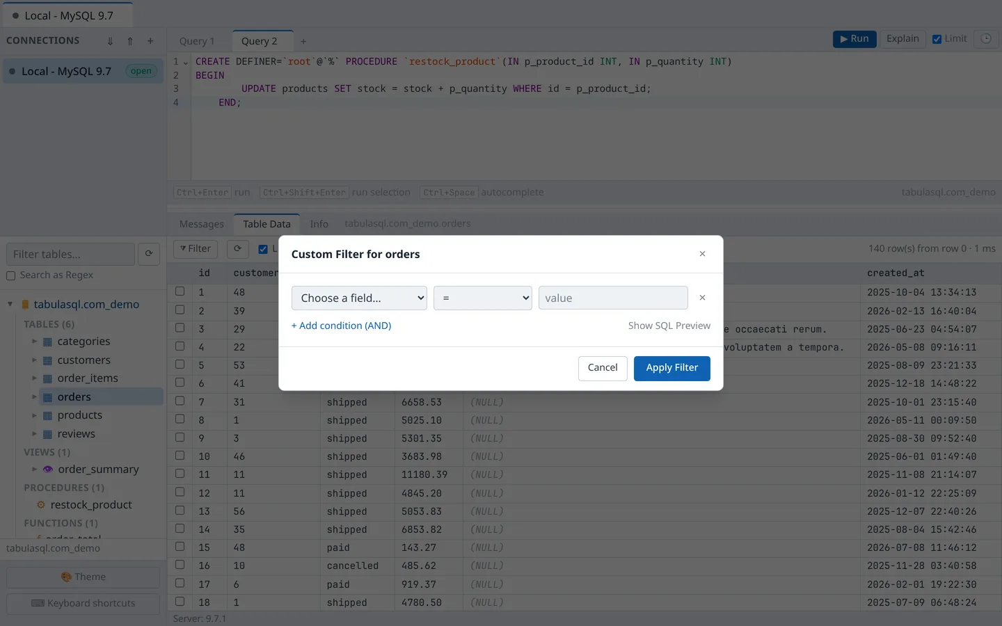 Custom Filter dialog for building column conditions