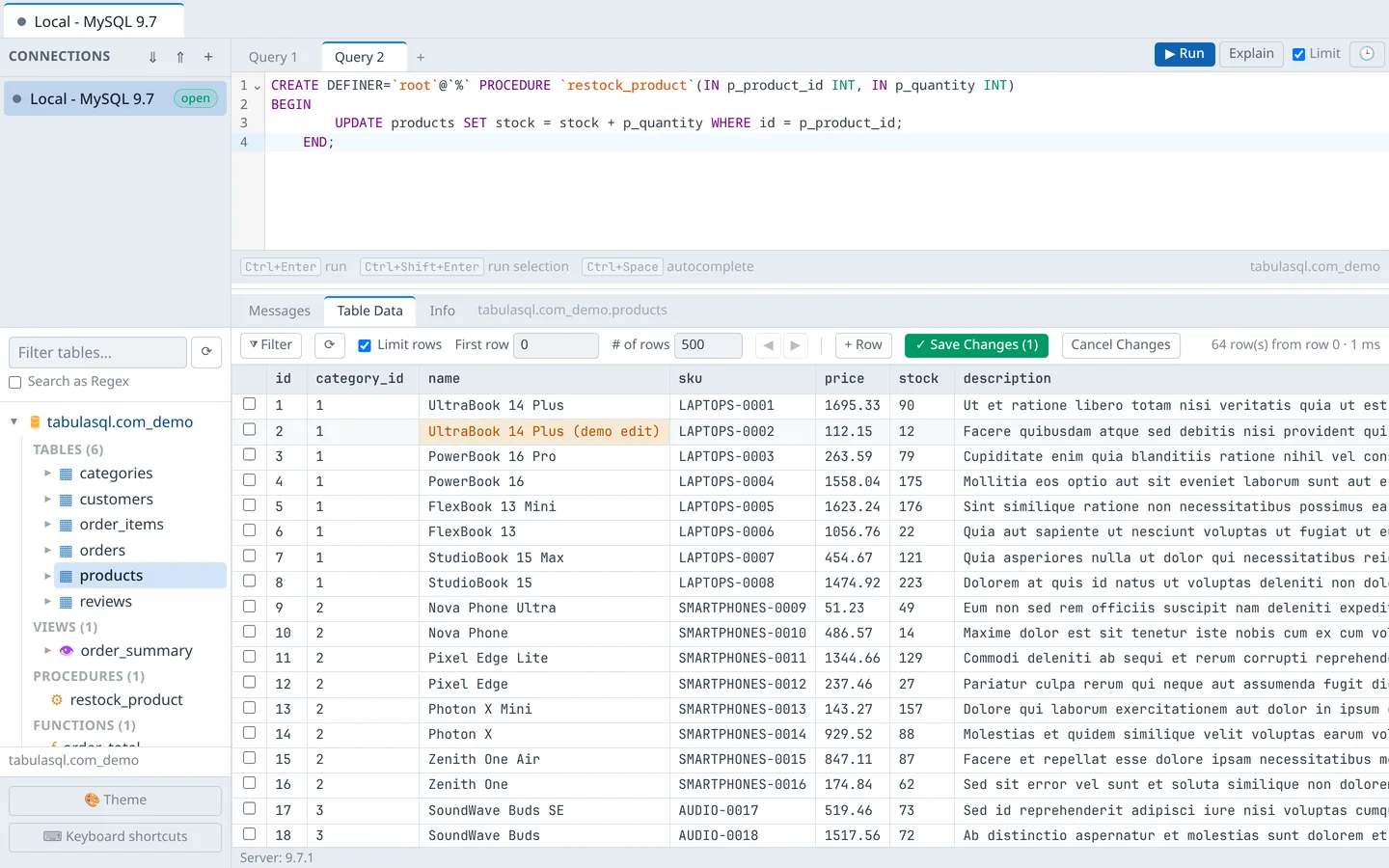 Inline cell editing with pending save