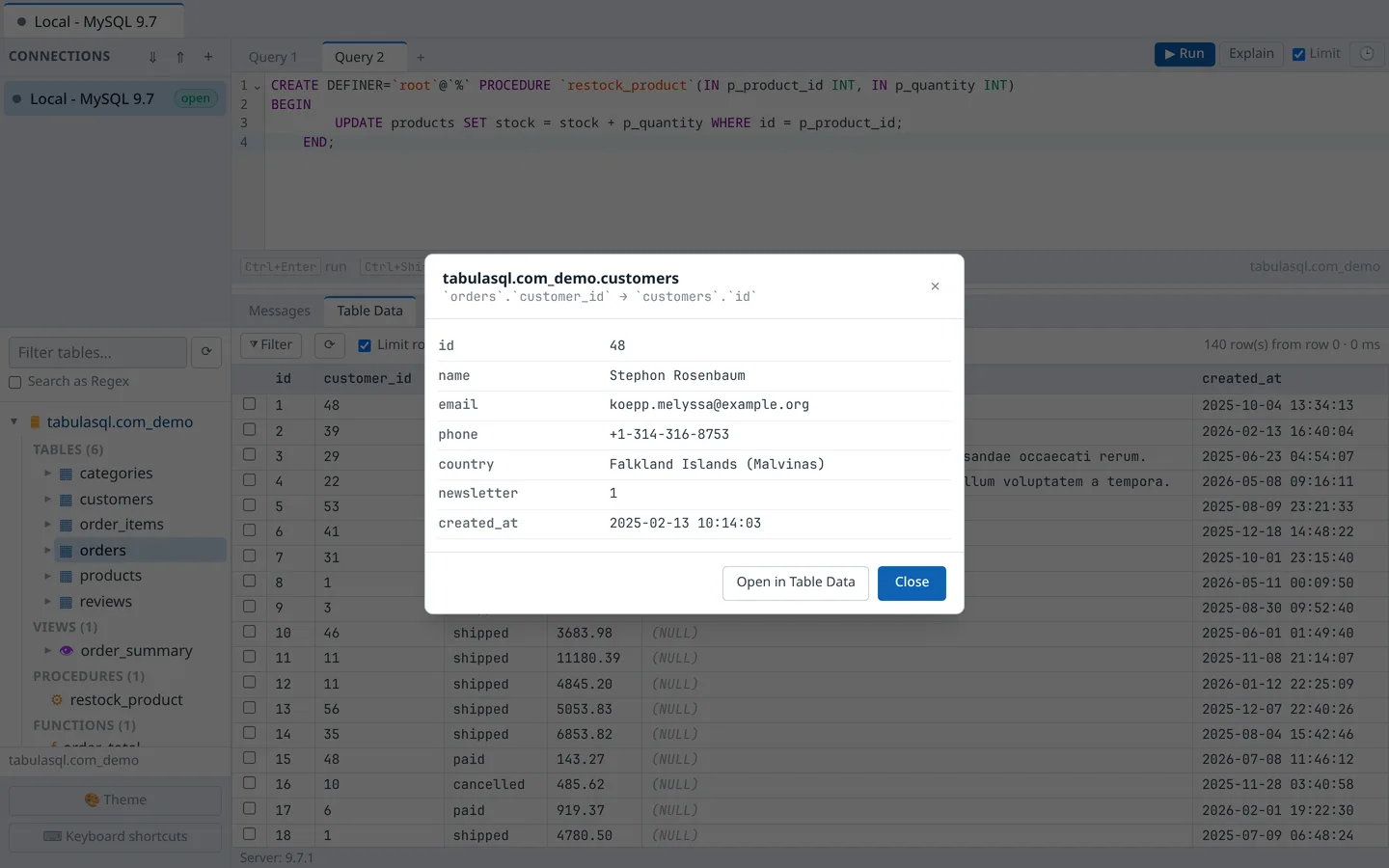Related record dialog showing a customer row linked from orders.customer_id