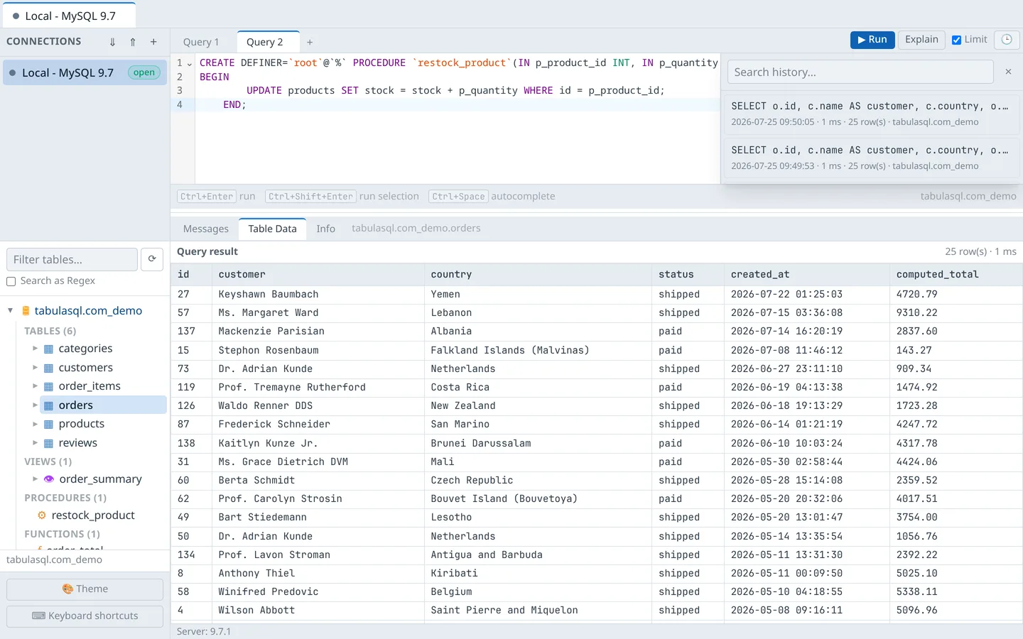 Query history drawer listing previously run statements